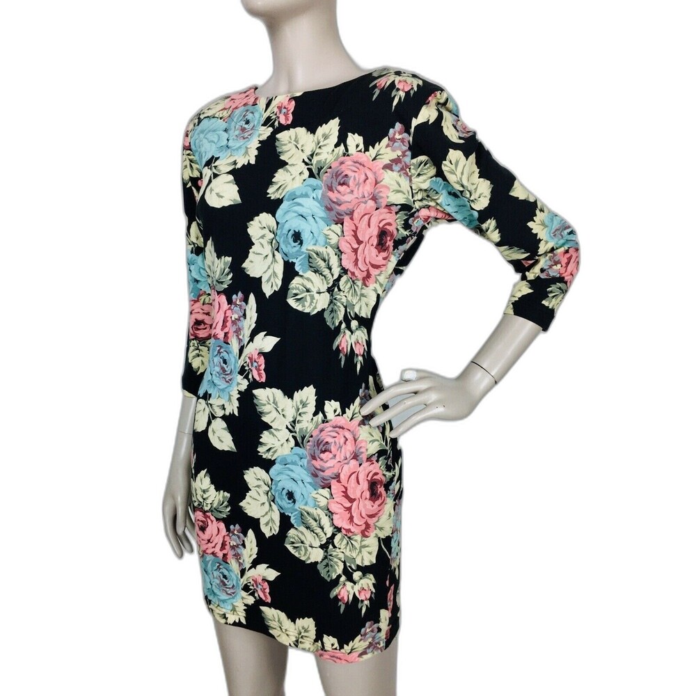 Vintage 80s Floral Rose Cotton Low V-Back 3/4 Sleeve Mini Dress Size Medium NEW